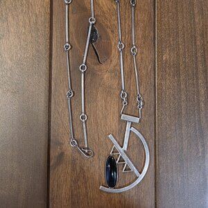 Modernist Sterling Silver and Onyx Artisan Necklace, Signed